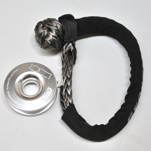 1pc*Soft Shackle (Silver button), Australian made  Size: 12mm  Length: 60cm or 70cm   Breaking Strength: 22000kg    1pc*Aluminum Pulley Snatch Ring(NEW DESIGN), Australian designed and NATA accredited lab tested  Inner-Outer diam: 30mm-100mm  Breaking Strength: 11000kg   Features:  Rated load 11000kg, strictly tested, no failure till 11000kg Curved edge and Bigger Groove. Winch Rope running from 8mm to 14mm Solid Aluminium polished Net weight: 0.39kg, lighter and safer 