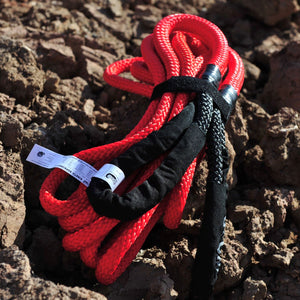 George4x4 uses 100% double-braided Nylon, which increases rope elongation up to 30%. Our kinetic ropes are hand spliced and rigorously tested. These ropes are Heavy Duty, but light and small enough to easily stow. They are much stronger and more durable than the common snatch strap.  Abrasion-Resistant coated eyelets offer longer life Water, UV and abrasive resistant Reduces potential of damage for both vehicles  30% stretching, increasing kinetic energy. 5000kgs*9m with reinforced eye Thickness 16mm