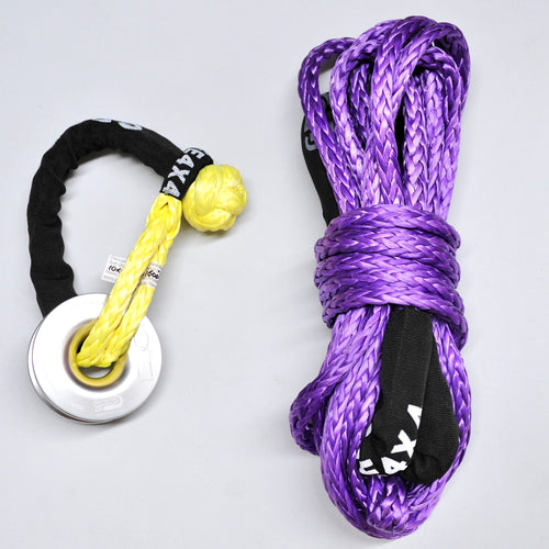 George4x4 Lightweight Recovery Kit includes 1pc*Extension Towing Rope, Australian-made Breaking: 9500kg/11000kg; 10m/20m. 1pc*Soft Shackle (Black Eye), Australian-made Breaking: 16000kg/18000kg/22000kg. 1pc*Aluminum Snatch Ring, Australian designed and NATA lab tested. A CURVED EDGE AND BIGGER GROOVE. Breaking 11000kg. 