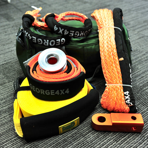 George4x4 Heavy Duty Kit includes: 1pc*Snatch Strap 9m*11000kg 1pc*Tree Trunk Protector (Orange) 75mm*3m*12000kg 2pcs*Soft Shackles Australian made 11mm*65cm*15000kg 1pc*Extension Tow Rope (Orange), Australian made 11mm*10m/20m*11000kg 1pc*Aluminum Snatch Ring, 10000kg 1pc*Aluminum Hitch Receiver 5ton 1pc*Carry Bag