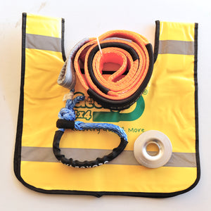 George4x4 Winch Accessory Kit includes 1pc*Tree Trunk Protector made of quality polyester, 3m Breaking: 14000kg. 1pc*Soft Shackle, Australian-made UHMWPE rope 12000kg/13300kg/15000kg/19800kg. 1pc*Aluminum Snatch Ring, Australian designed and tested 11000kg. 1pc*Winch line Damper Real Heavy-duty design Safer and Lighter