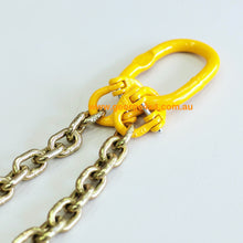 Load image into Gallery viewer, Chain Bridle for Towing (2 Legs) This chain bridle is designed for towing and consists of an oblong master link with hammerlocks and chain for connecting.  Features:  Chain size: 8mm Tow capacity: 5000kg (0 to 90 degrees) or 3800kg (90 to 120 degrees) Slip hook at chain ends Standard Lengths:  0.5m (0.8m total) 0.7m (1.0m total) 0.9m (1.2m total) Oblong Link: 160mm