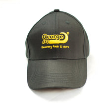 Load image into Gallery viewer, George4x4 Unisex Cap is designed with an elongated brim (usually 7cm, ours are at 8cm and more) and a round top. It has an adjustable circumference, making it comfortable and easy to wear. It also has a unique logo design that adds personality to your outfit, and is made with quality cotton. Height of 13cm,  a regular brim of 8cm, and an extended brim of 8.7cm Adjustable hat circumferences, fit head sizes ranging from 55 to 61cm Colour: Black with Yellow Logo