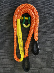 The George4x4 Towing Rope is made of a unique ultra-high molecular weight polyethylene material (UHMWPE), known as Dyneema/Spectra or high-modulus polyethylene (HMPE). High strength and low stretch.  UV resistant, waterproof and more durable Very light, can float in water Both ends have a soft loop and protective sleeves Static Rope Suitable for sailing, off-road towing Fitted for 4WD electric Winch, Hand Winch, Trailer Winch, Towing etc. 20mm, breaking strength 34000kg Australian made, tested