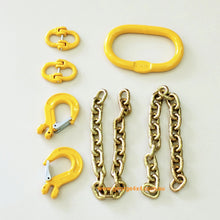 Load image into Gallery viewer, Chain Bridle for Towing (2 Legs) This chain bridle is designed for towing and consists of an oblong master link with hammerlocks and chain for connecting.  Features:  Chain size: 8mm Tow capacity: 5000kg (0 to 90 degrees) or 3800kg (90 to 120 degrees) Slip hook at chain ends Standard Lengths:  0.5m (0.8m total) 0.7m (1.0m total) 0.9m (1.2m total) Oblong Link: 160mm