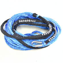 Load image into Gallery viewer, George4x4 SYNTHETIC WINCH ROPE  FEATURES:  9mm, rated breaking 8000kg,  12000lbs and 14000lbs winches Made of Synthetic rope, very light, can float in water High Abrasion resistance and good UV resistance No stretch, easy handling Heavy duty Reinforced eyelet with GEORGE4X4 Stainless Steel Tubular Thimble and small soft eye at the other side, suitable for Warn Zeon Spliced in Australia