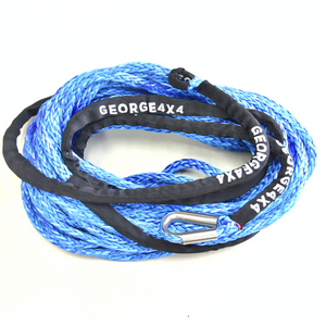 George4x4 SYNTHETIC WINCH ROPE  FEATURES:  9mm, rated breaking 8000kg,  12000lbs and 14000lbs winches Made of Synthetic rope, very light, can float in water High Abrasion resistance and good UV resistance No stretch, easy handling Heavy duty Reinforced eyelet with GEORGE4X4 Stainless Steel Tubular Thimble and small soft eye at the other side, suitable for Warn Zeon Spliced in Australia